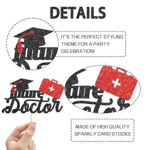 Future Doctor Graduation Cake Topper - Black Red Glitter Decoration