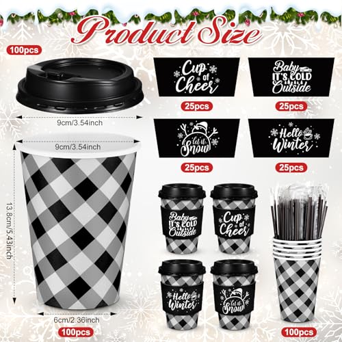 Christmas Buffalo Plaid Coffee Cups Set 16 oz - Black & White with Lids, Sleeves & Straws