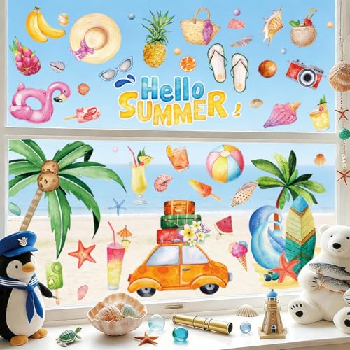 Hianjoo Summer Window Clings - 4 Large Double-Sided Tropical Stickers