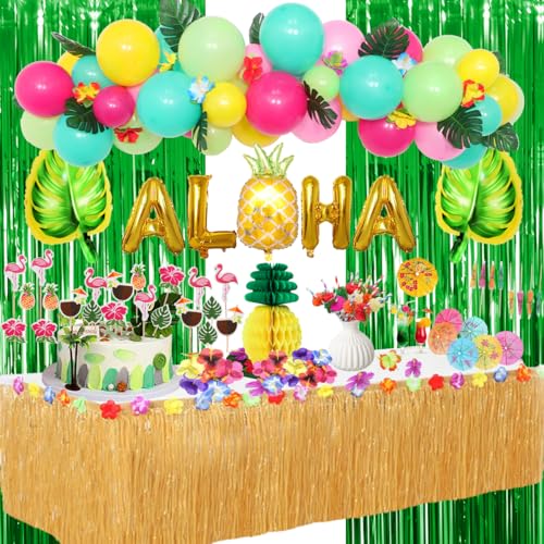 Luau Party Decorations Set - Hawaiian Birthday Decor with Table Skirt, Balloons, and Cupcake Toppers