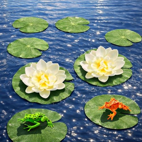 12-Piece Artificial Floating Lily Pads Set with Lotus Flowers and Frogs