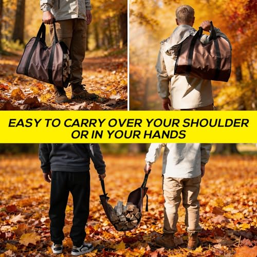 FLASLD Heavy Duty Waxed Canvas Firewood Carrier - Large Log Tote (Brown)