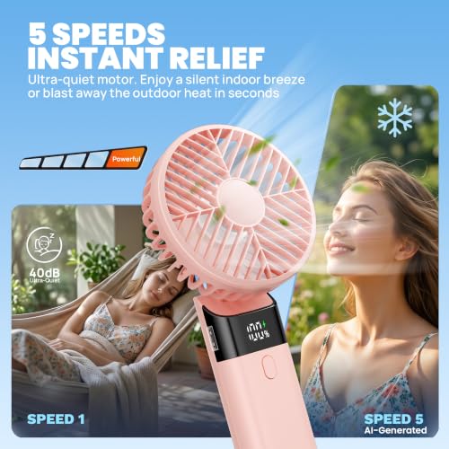 HAWANA Rechargeable Handheld Fan - Pink Portable Mini Fan, 10H Runtime