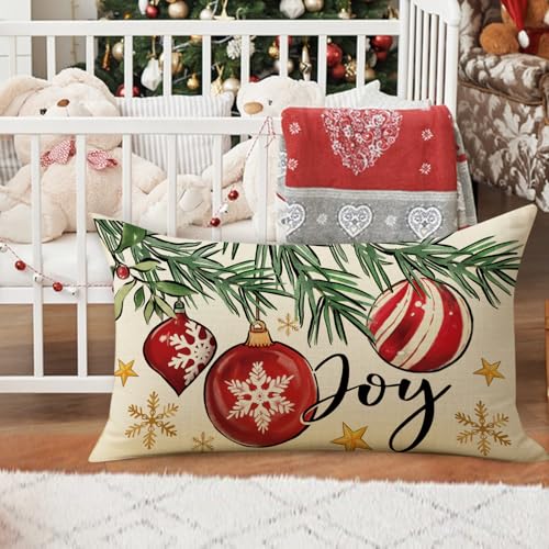 Christmas Balls Lumbar Throw Pillow Cover, 12 x 20 Inch Cotton Linen Case