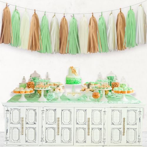 Aonor Gold Ivory and Pale Green Tissue Paper Tassel Garland 15PCS