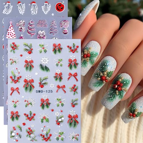 5D Christmas Nail Stickers Self-Adhesive Snowman Tree Decals 3PCS