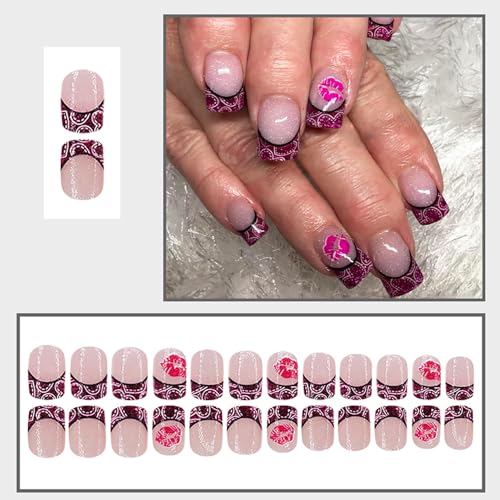 Valentine Short Square Press on Nails Heart Glossy Acrylic False Nails 24 Pcs