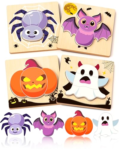 Oomloid Halloween Wooden Puzzles for Toddlers, 4-Pack Montessori Toys