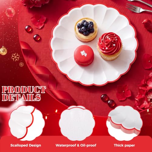 Christmas Plates 7.5 Inch Pack of 30 White and Red Scalloped Shell Design