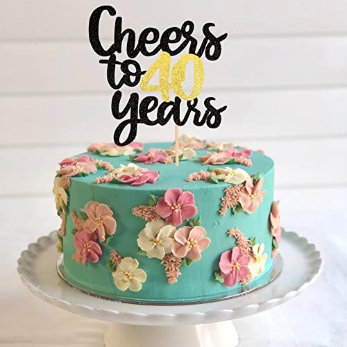 Cheers to 40 Years Cake Topper - Black & Gold Glitter Decoration