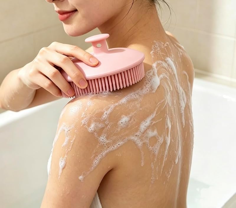Silicone Body Scrubber & Scalp Massager - 2-in-1 Exfoliating Shower Loofah for Sensitive Skin (Brown)
