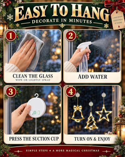 Rechargeable Christmas Window Lights with Bell Tree & Star Designs - Warm White, 3 Pack