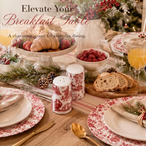 Vesici 2 Pcs 3 Inch Vintage Christmas Red & White Toile Salt and Pepper Shakers