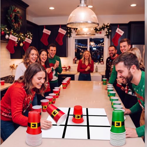 Christmas Cup Flip Tic Tac Toe Party Game Set with Santa Cups and Felt Mat