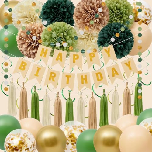 Sage Green Birthday Party Decorations Set with Banner and Balloons