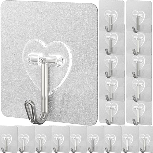 DGYB Silver Heart-Shaped Heavy Duty Adhesive Wall Hooks, 22lb, Set of 20