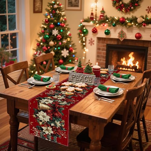 Christmas Table Runner 13x72 Inches - Red Vintage Poinsettia Variation