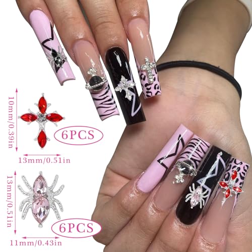 RODAKY 12Pcs Cross & Spider Nail Art Charms with Colorful Rhinestones