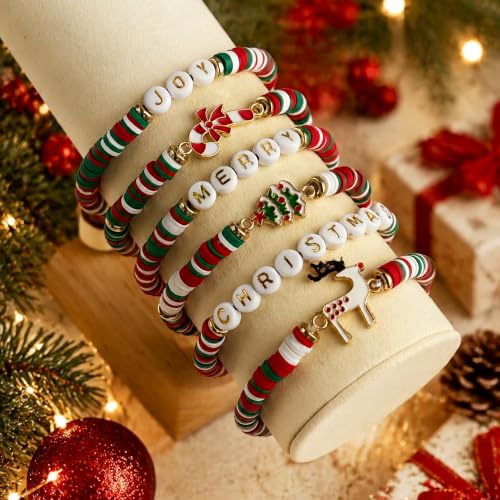 OHOME Red Green White Christmas Bracelets 6 Pack - Teens & Women Stocking Stuffers