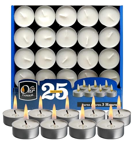 OHR Candles 25 Pack Tealight Candles - White Unscented - 3 Hour Burn Time