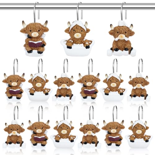 Highland Cow Shower Curtain Hooks - 12 Piece Decorative Bathroom Set