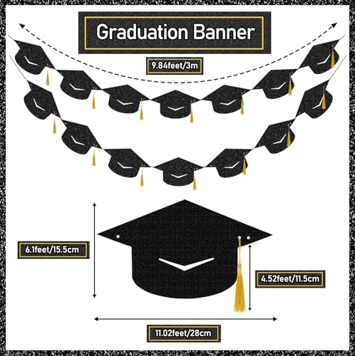 2026 Graduation Decorations - Pre-Strung Black Glitter Banner with Gold Tassels