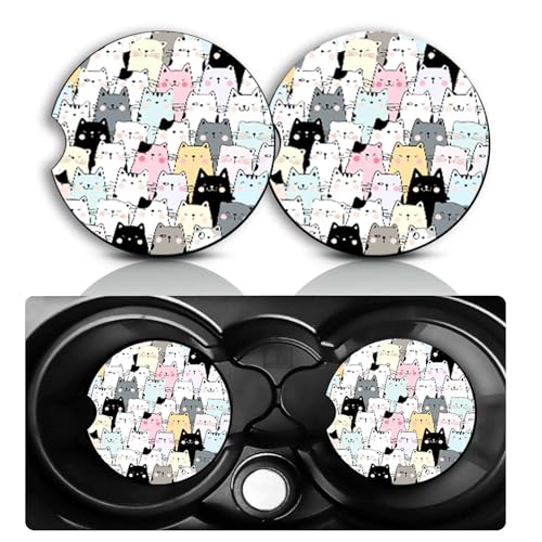 Cat Car Cup Holder Coasters 2 Pack - Waterproof Neoprene Rubber Mats 2.75 Inch