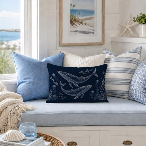 Coastal Whale Shark Lumbar Pillow Cover 12x20 - Navy Blue Beach Decor (Coastal-14)
