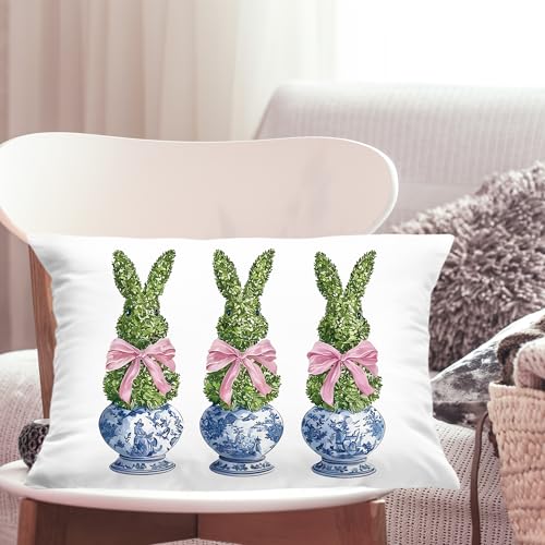 Pink Easter Bunny Pillow Cover 12x20 - Blue Chinoiserie Decor for Living Room & Bedroom