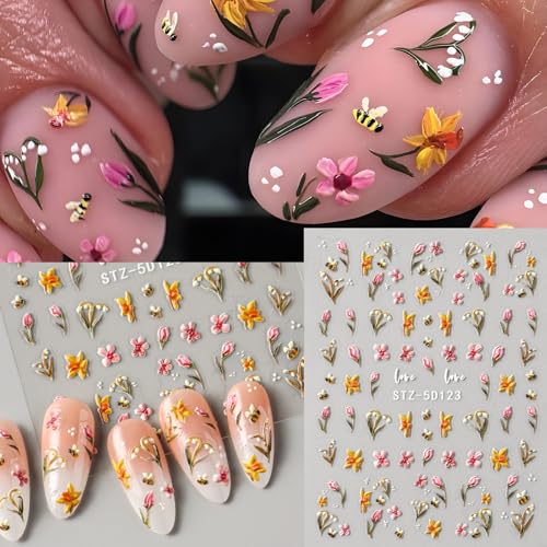 Brtavizvy 5D Embossed Flower Nail Art Stickers - Spring Floral & Leaf Decals with Tweezer