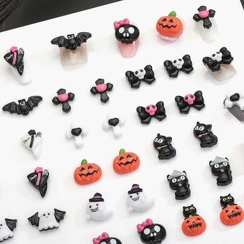 60Pcs Halloween Resin Nail Charms 3D Ghost Pumpkin Skull Art Gems