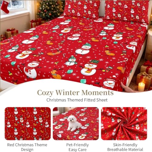 Christmas Snowman and Deer Bed Sheet Set - Queen, Multi 32 / Queen, Kids & Teens Holiday Bedding