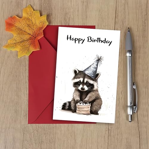 Awsaccy Cute Raccoon Birthday Card with Envelope - Funny Watercolor Party Design