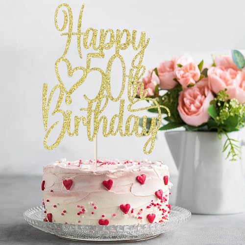 Gold Glitter 50th Birthday Cake Topper | Cheers to 50 Years