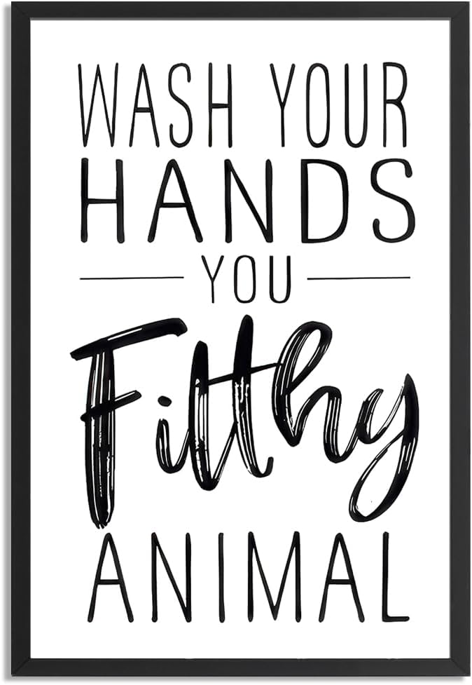 Skiennix Framed Black And White Bathroom Wall Art - Funny "Wash Your Hands" Poster | Modern Minimalist Canvas Print