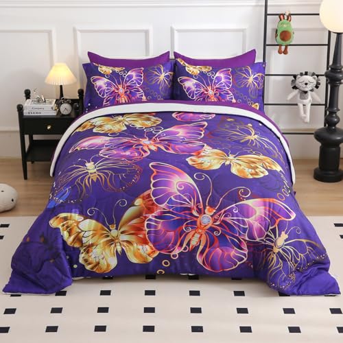 Violet Butterfly Queen Comforter Set for Kids Girls - 7 Pieces Bedding