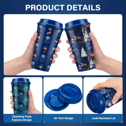 Christmas Train Plastic Coffee Cups 16 oz with Lids - 25 Pack - Blue Winter Design