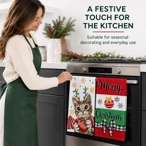 Christmas Cat Kitchen Towels - Festive Holiday Dish Towels for Decor