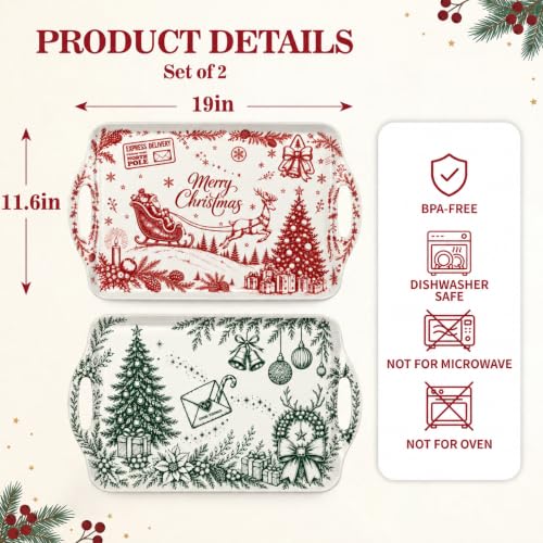 Christmas Serving Trays with Handles - Vintage Red & Green Set of 2, 19 x 11.6 Inch Melamine Platters with Silicone Mats