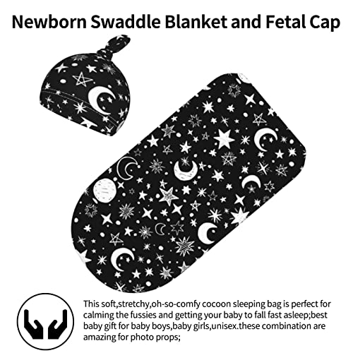 Moon Star Swaddle Blanket Set for Baby Boys & Girls - Soft Stretchy with Hat