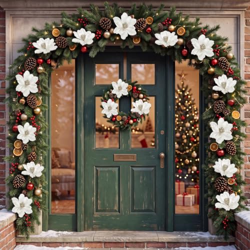 White Glitter Magnolia Artificial Flowers for Christmas Tree - 10 Pieces