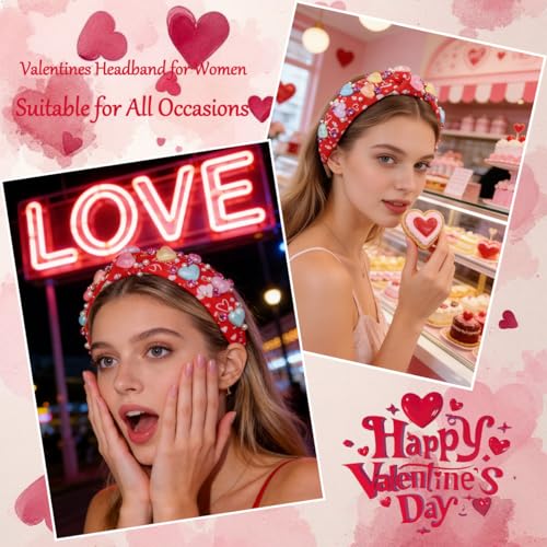 Valentines Knotted Headband for Women Pearl Rhinestone Red Hair Band