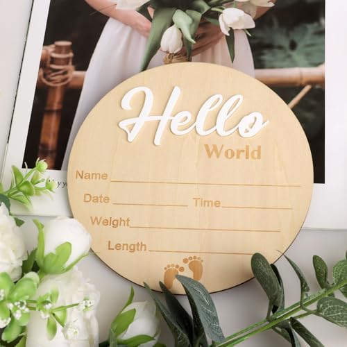 Wooden Baby Announcement Sign - Hello World Newborn Name Plaque