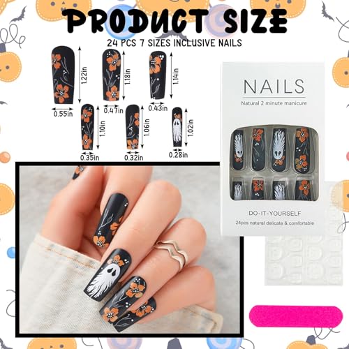 Habbiful Halloween Ghost Press on Nails Gothic Black Coffin Fake Nails