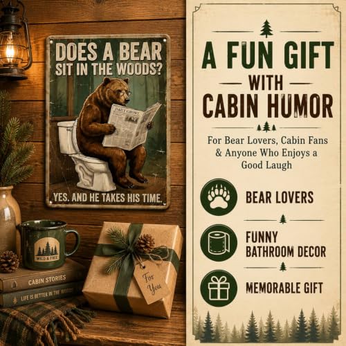 Funny Bear Outhouse Bathroom Sign - 8x12 Inch Wall Art