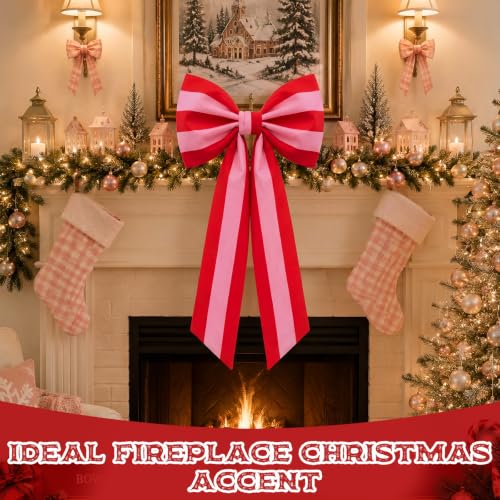 Large Red Pink Stripe Christmas Tree Topper Bow - 35x17 Inch Holiday Decor (Variation: Red Pink / Stripe)