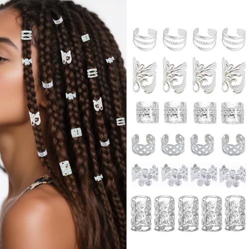 60Pcs Hair Jewelry Braid Cuffs Silver Dreadlock Charms Adjustable Rings