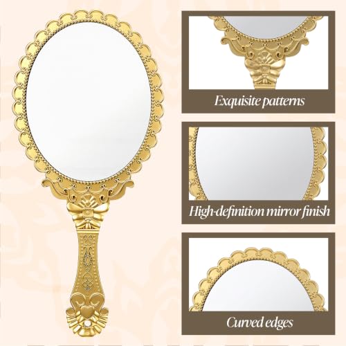 Vintage Hand Mirror with Handle - Retro Oval Embossed Golden Makeup Mirror
