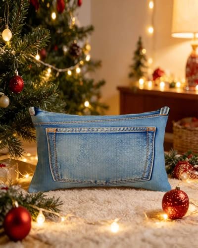 12x20 Faux Denim Throw Pillow Cover with Printed Jean Pocket Design
