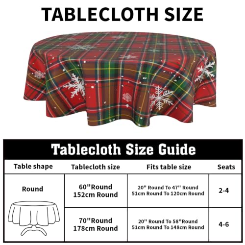 Xmas Plaid Snowflake Round Tablecloth - 60 Inch Holiday Christmas Decor